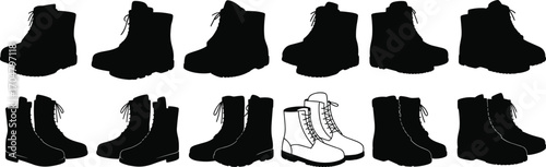 A versatile collection of various boot silhouettes, including military and combat styles, representing adventure, work, and rugged fashion, isolated on white.