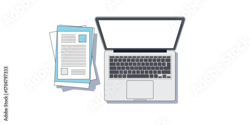Laptop and documents, a work environment