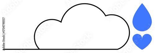 Cloud outline with a blue water droplet and heart shape, emphasizing connection, care, and environmental sustainability. Ideal for concepts of environment, weather, love, simplicity, ecology