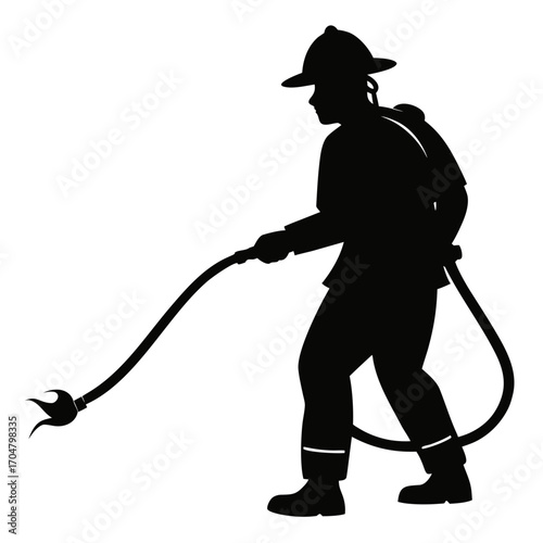 Firefighter silhouette spraying water hose ready for action vector