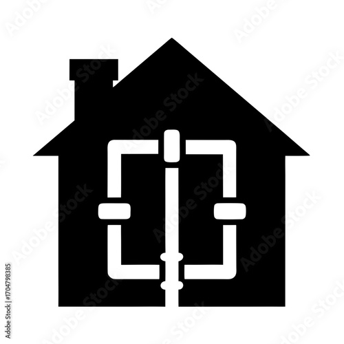 House outline with internal plumbing network schematic vector