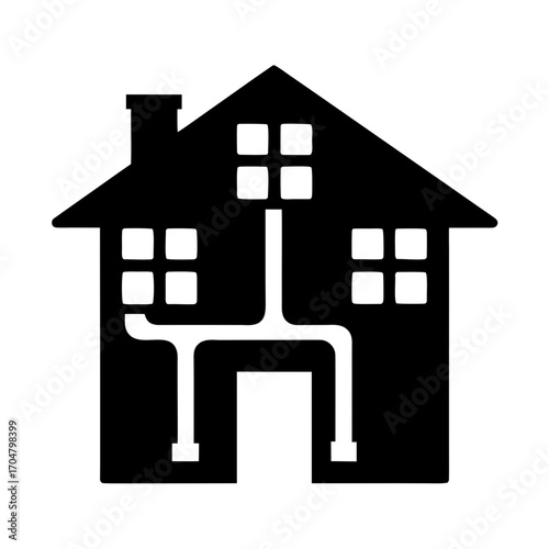 House outline with internal pipe system network symbol vector