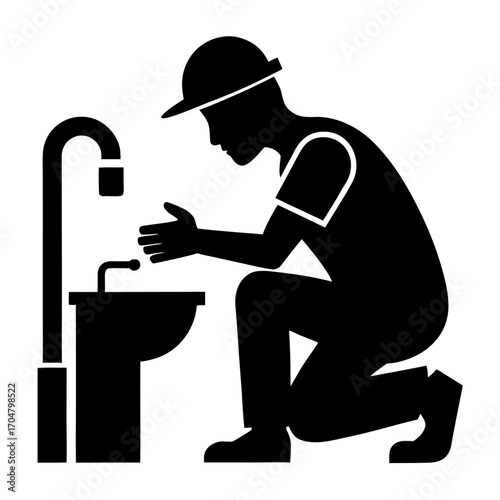 Silhouette plumber kneeling under sink repair service vector