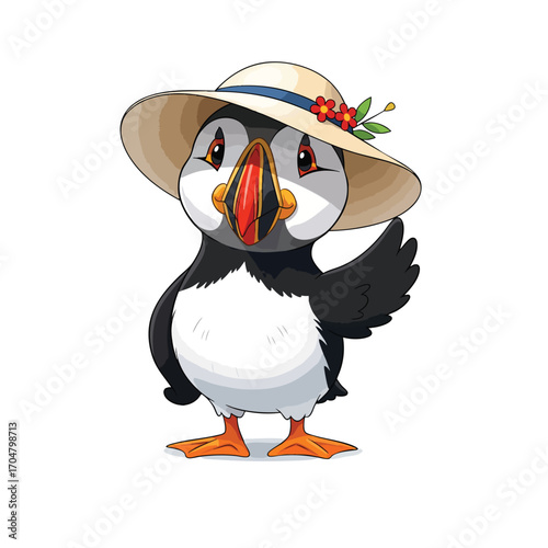 A cute cartoon puffin character wearing a straw sun hat with a flower and waving its wing.