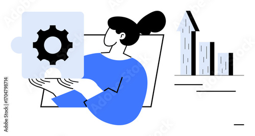 Wallpaper Mural Woman holding puzzle component with gear symbol, symbolizing solutions. Bar graph rising upward conveys growth. Ideal for teamwork, productivity, planning, innovation, improvement, problem-solving Torontodigital.ca