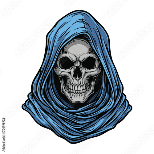 A detailed illustration of a grim reaper skull wearing a flowing tattered blue hood.