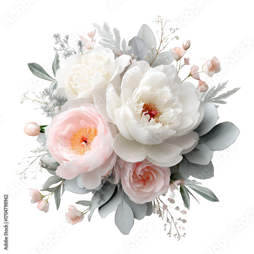 A bouquet featuring white and pink peonies, green leaves, and small flowers, creating an elegant and beautiful floral arrangement.