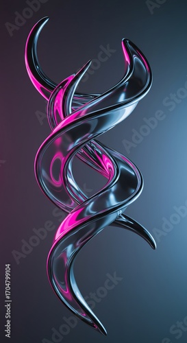A futuristic 3D render of an abstract liquid chrome sculpture. The dynamic, twisting form reflects vibrant neon pink and blue light on a dark background.