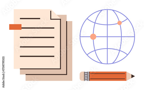 Stacked documents with pencil next to a globe marked with connection points. Ideal for education, communication, teamwork, globalization, data sharing, planning, and content creation. Simple flat