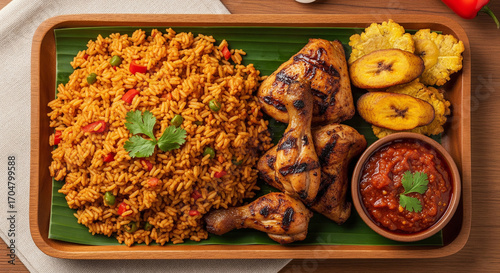 A wooden tray featuring jollof rice grilled chicken plantains and a bowl of tomato based sauce dish