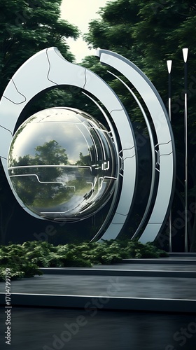 Futuristic sculptural art form nestled within a serene green woodland environment outdoors