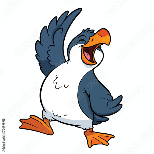 A joyful cartoon puffin bird laughing heartily while dancing with its wings spread.