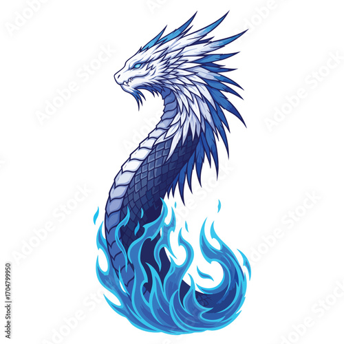 A majestic blue and white serpentine dragon with an icy mane emerging from swirling blue magical flames.