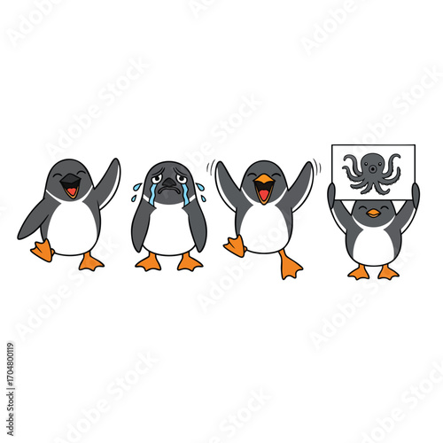 A set of four cute cartoon penguins expressing various emotions like happiness sadness and holding an octopus sign.