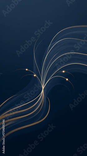 Futuristic branching line with inflection points on sleek navy blue gradient background, multiple gold lines extending in digital abstract pattern, modern technology and network concept illustration