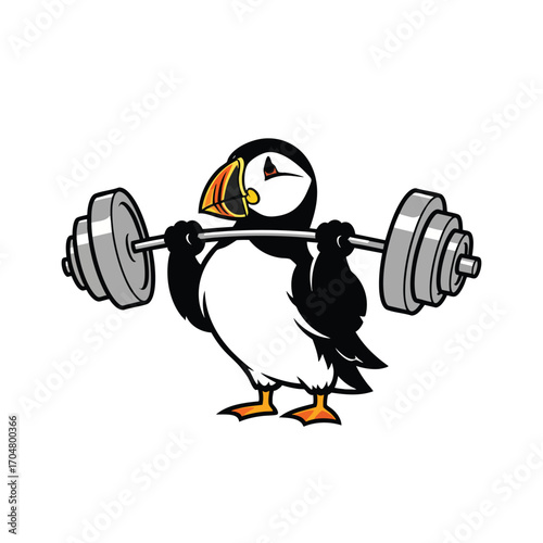 A strong cartoon puffin character straining to lift a heavy barbell for a workout.