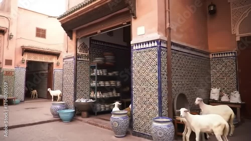 People walking through marrakech street market with goats
