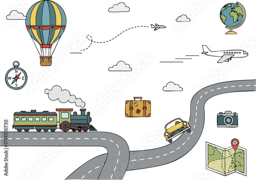 Cartoon illustration of various travel and transportation methods including a train, car, airplane, and hot air balloon.