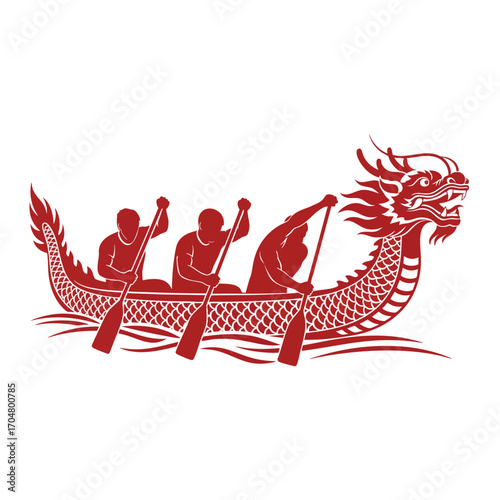 A stylized red graphic of a traditional Chinese dragon boat with three paddlers racing on the water.