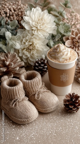 Baby booties, latte, and flowers