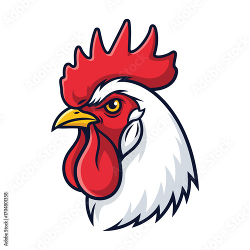 Bold cartoon illustration of a white roosters head with a prominent red comb and wattle depicted as a mascot or logo.