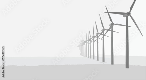A long row of wind turbines fading into the distant white fog on a minimalist, monochromatic landscape.