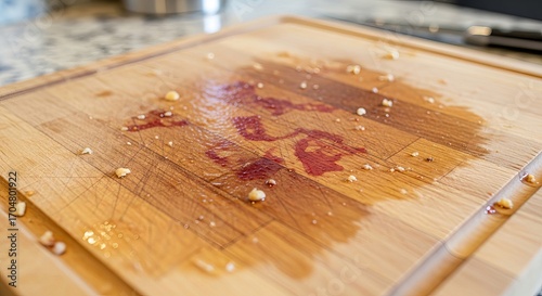 Close-up of a wooden cutting board with stains and remnants of food preparation.