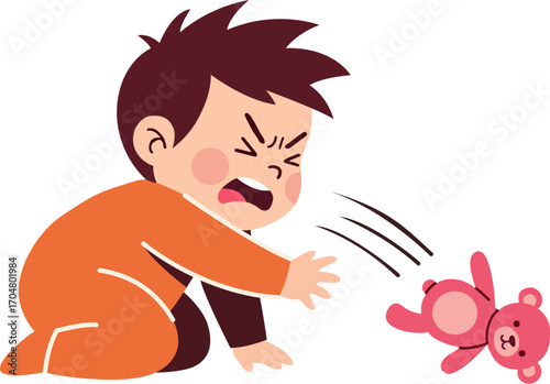 Angry Child Throwing a Teddy Bear with Frustration