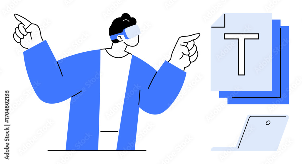 custom made wallpaper toronto digitalPerson wearing VR headset gesturing towards virtual text document displays, laptop nearby. Ideal for technology, innovation, remote work, virtual reality, digital transformation, modern workspace