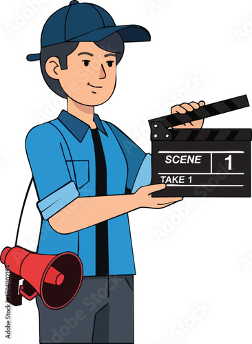 Film Director Woman Cartoon Illustration Clapperboard and Megaphone