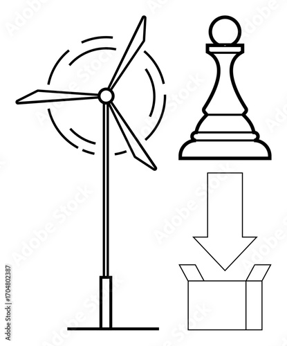Wind turbine generates energy, chess pawn symbolizes strategy, arrow directs items into box for organization. Ideal for sustainability, planning, direction, focus, delivery, innovation simple flat