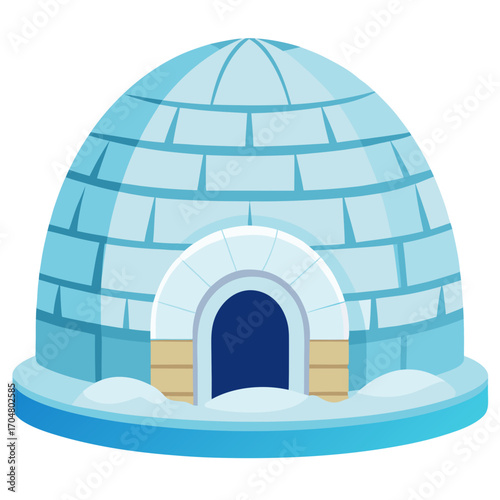 Blue ice igloo with entrance door made of ice blocks, no background vector file.