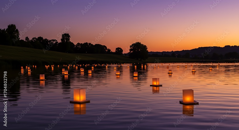 Obraz premium Serene twilight scene with numerous glowing paper lanterns floating on a calm lake, reflecting the vibrant purple and orange sunset sky.