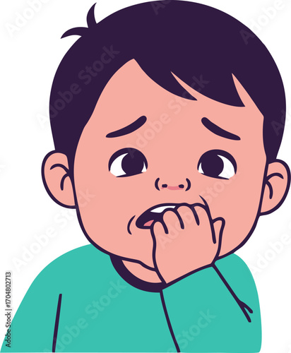 Anxious Child Biting Fingernails with Worried Expression and Dark Hair