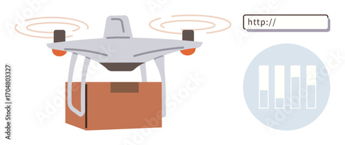 Delivery quadcopter carrying box, hovering with propellers, next to URL search bar and analytics graph. Ideal for e-commerce, logistics, technology, delivery, tracking network innovation. Simple flat