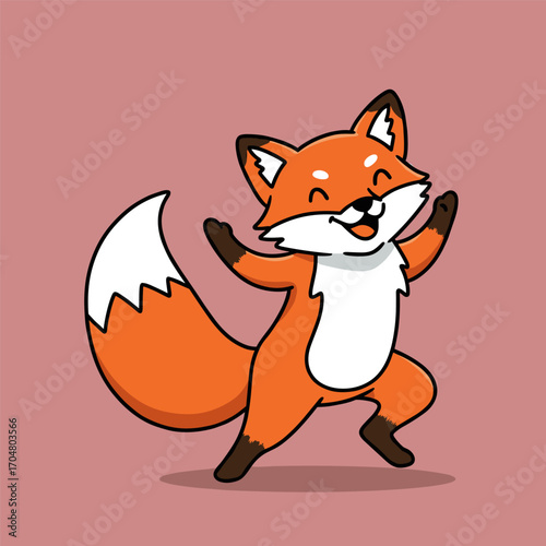 A happy fox dances with arms raised and mouth open, set against a muted pink background.