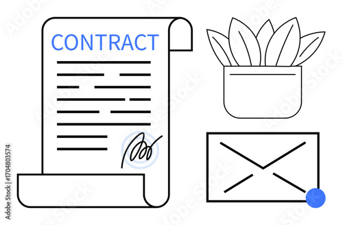 Rolled contract with signature, potted plant, and envelope. Ideal for business, agreement, communication, workplace, organization corporate identity minimal design. A simple flat metaphor
