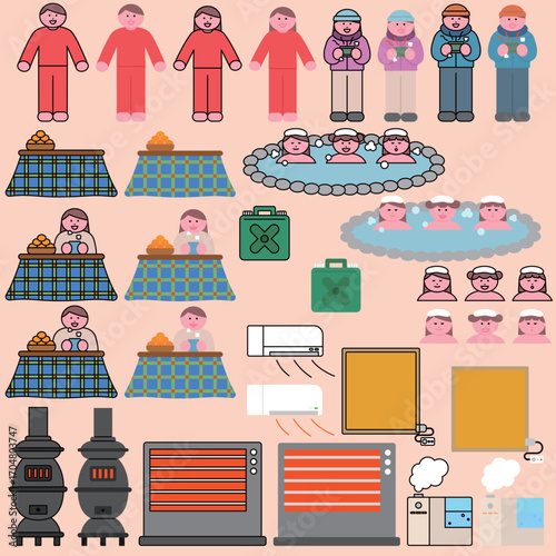 Winter Heating and Warm Lifestyle Illustration Set with Kotatsu, Hot Spring, Heater, and Indoor Relaxation