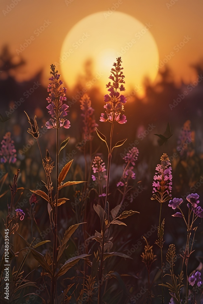 Obraz premium Wildflowers in bloom at sunset with large sun and silhouette trees image