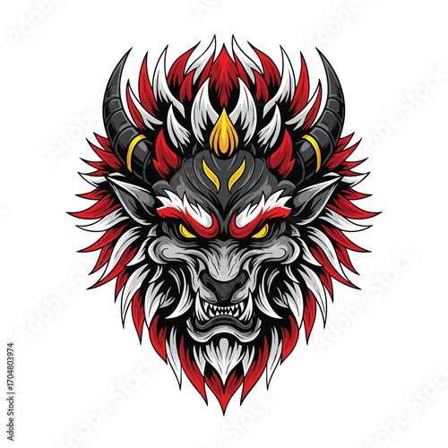 Fierce Japanese mythological beast head with a fiery red and white mane sharp horns and glowing eyes.