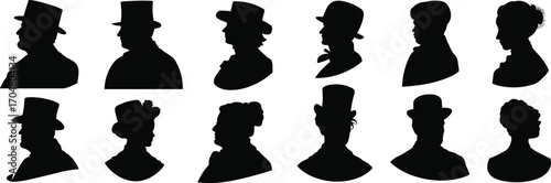 Elegant Victorian Silhouettes: A Collection of Vintage-Inspired Portraits of Men and Women in Historical Attire.