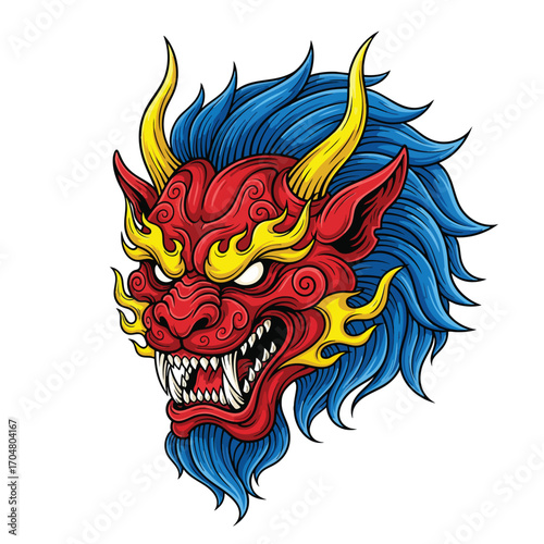 Fierce Red Japanese Dragon Head with a Vibrant Blue Mane and Yellow Horns.