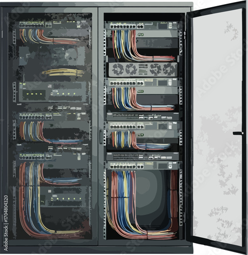 Server Rack with Cables and Network Devices Data Center Technology Image