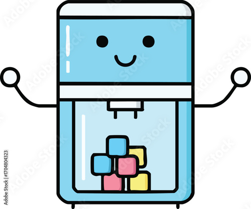 Cute Cartoon Ice Maker Machine Kawaii Blue Fridge Dispenser with Ice Cubes Happy Appliance Character Illustration
