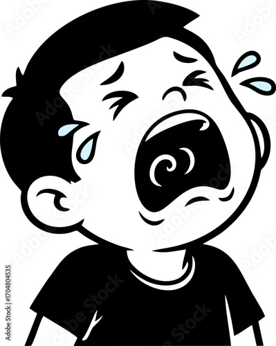 Cartoon Boy Crying with Tears Streaming Down His Face in Black and White