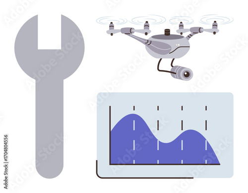 quadcopter hovering with a camera, wrench symbolizing tools, and a graph indicating data trends. Ideal for innovation, surveillance, analytics, repair, engineering, automation and technology themes