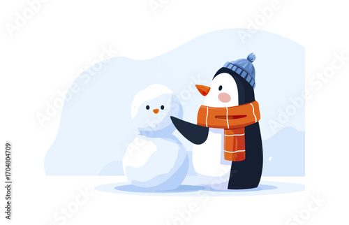 Penguin making snowman winter scene