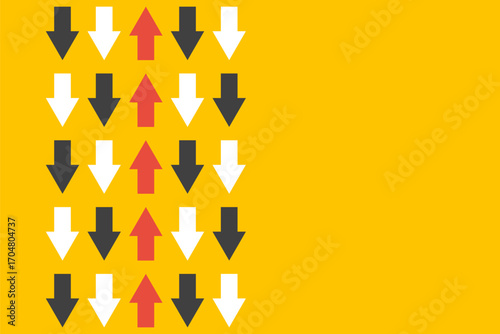 black and white arrows group in one direction and red arrow with different way, business innovations or new strategy vector concept, yellow background illustration