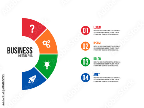4 steps half circle sectors chart, cycle diagram inforgaphic, report or presentation vector template, business process illustration
