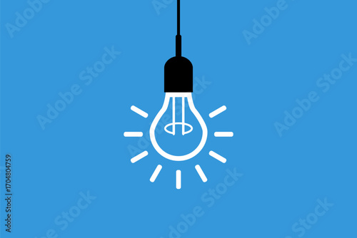 alone shining light bulb on blue background, creativity idea concept